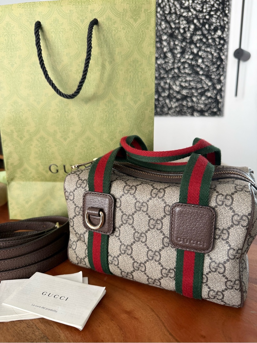 Authentic GUCCI Beige GG Canvas Mini Boston w/Green-Red Web Straps/ Cross Strap
